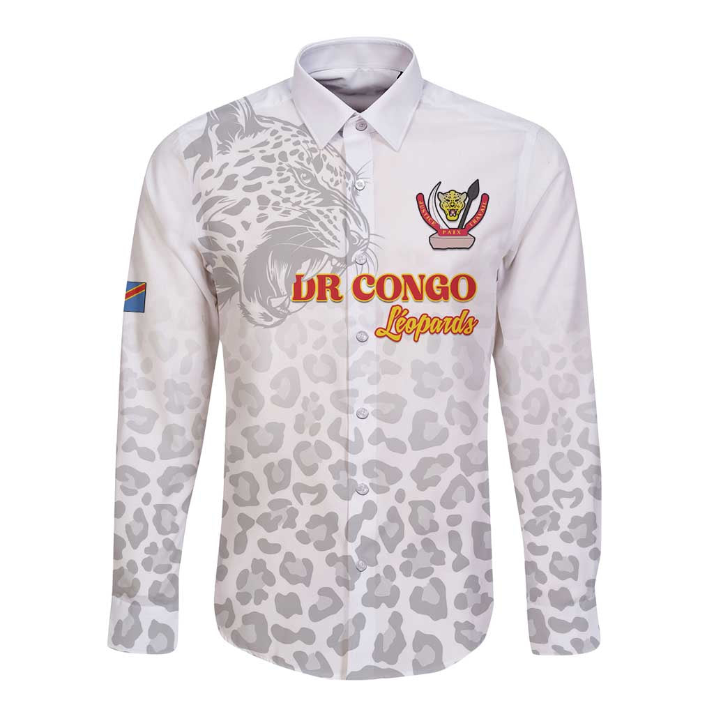 Custom DR Congo Football Long Sleeve Button Shirt Go Champions Leopards - White - Wonder Print Shop