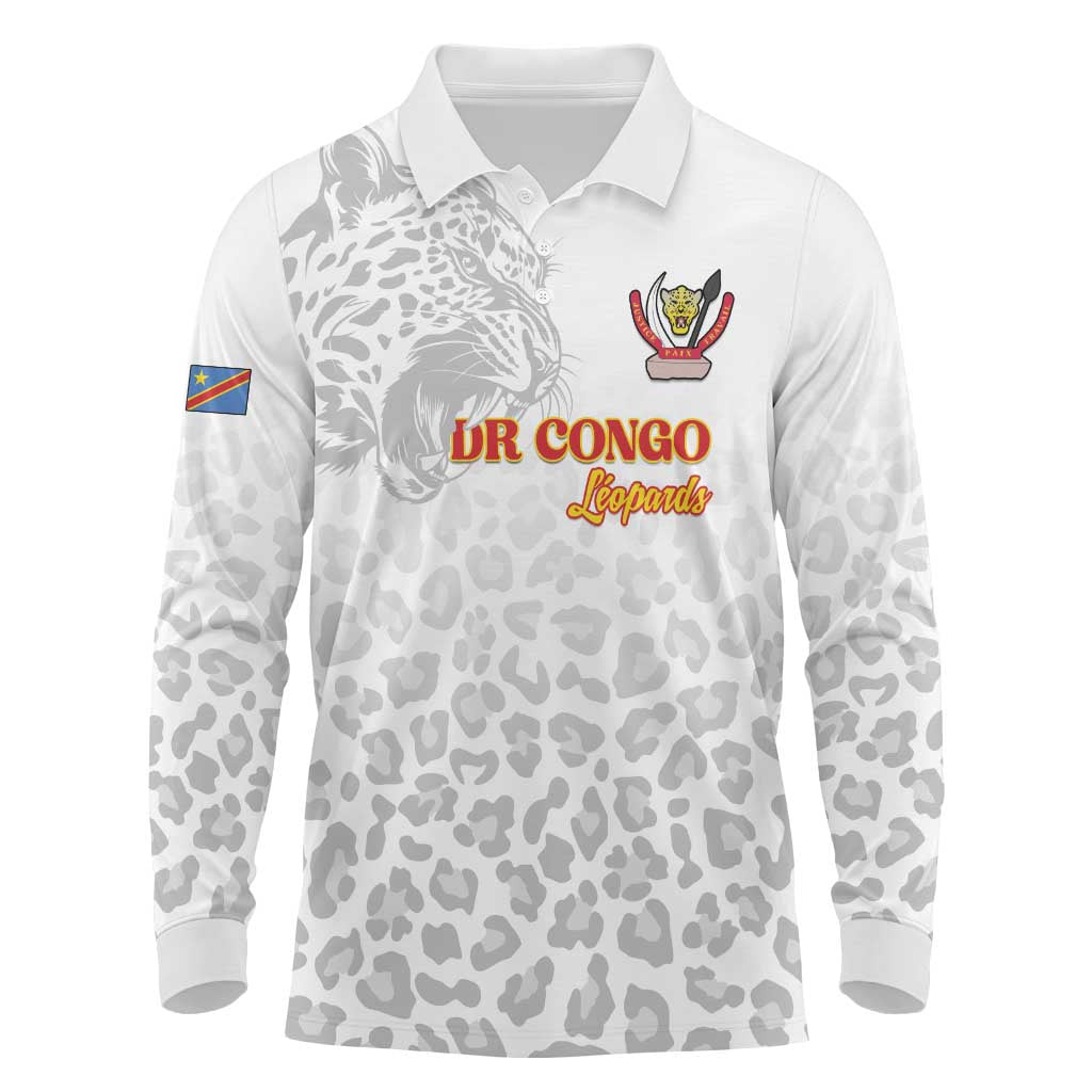Custom DR Congo Football Long Sleeve Polo Shirt Go Champions Leopards - White - Wonder Print Shop