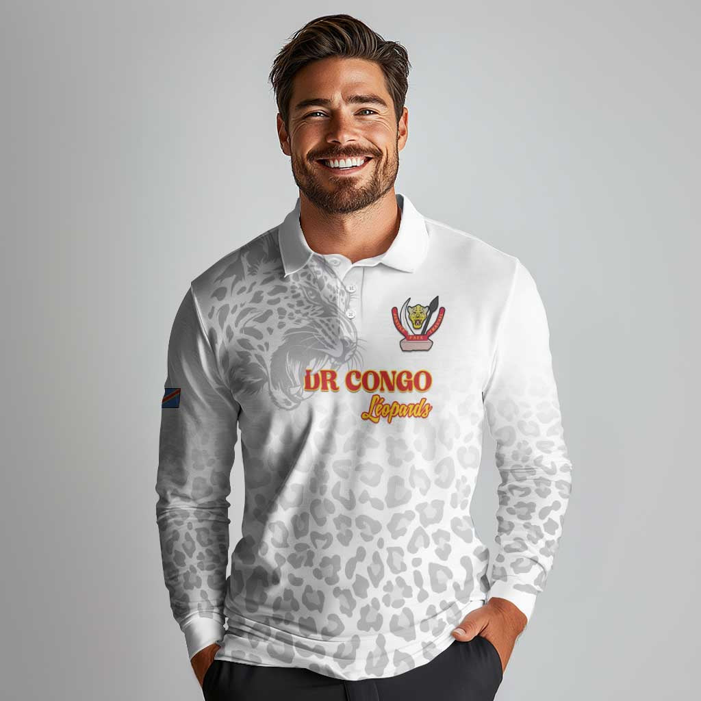 Custom DR Congo Football Long Sleeve Polo Shirt Go Champions Leopards - White - Wonder Print Shop