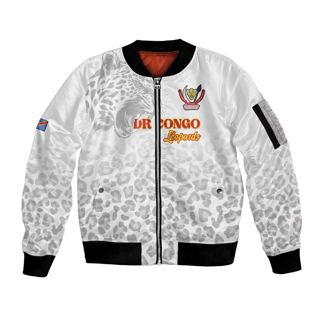 Custom DR Congo Football Sleeve Zip Bomber Jacket Go Champions Leopards - White - Wonder Print Shop