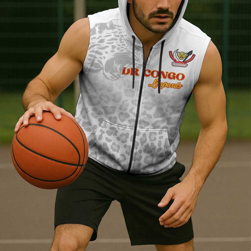 Custom DR Congo Football Sleeveless Zip Hoodie Go Champions Leopards - White - Wonder Print Shop