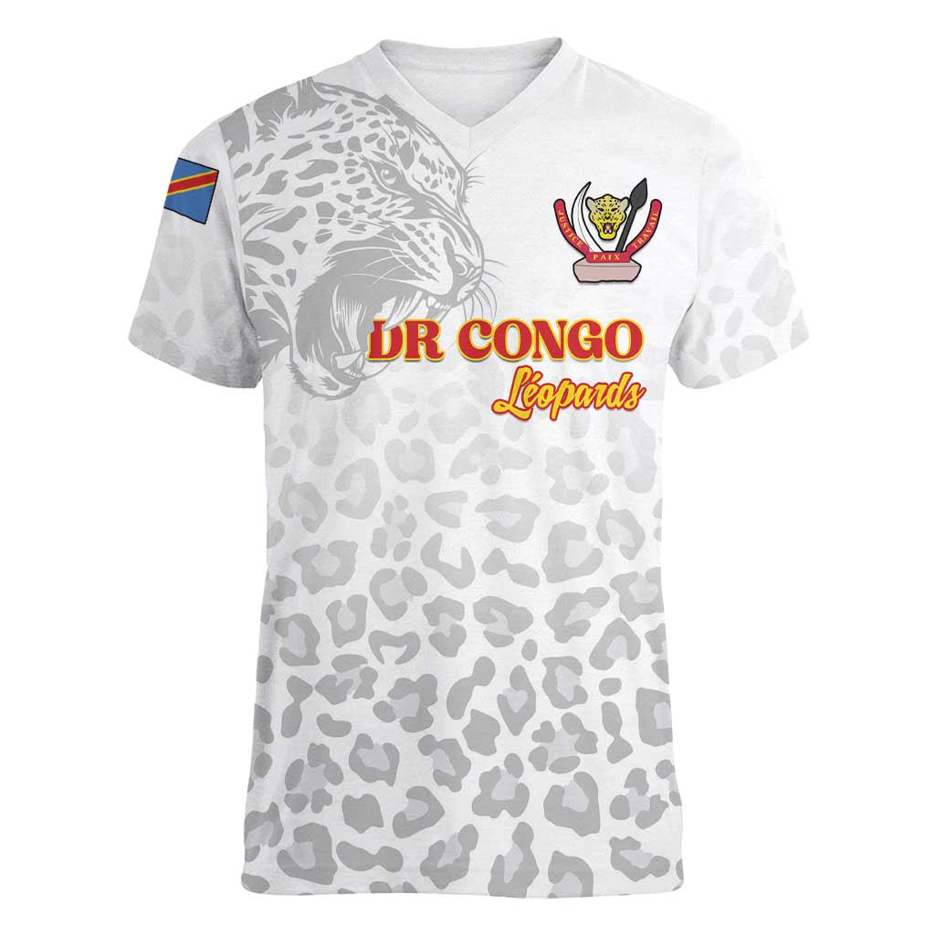 Custom DR Congo Football Women V-Neck T-Shirt Go Champions Leopards - White - Wonder Print Shop