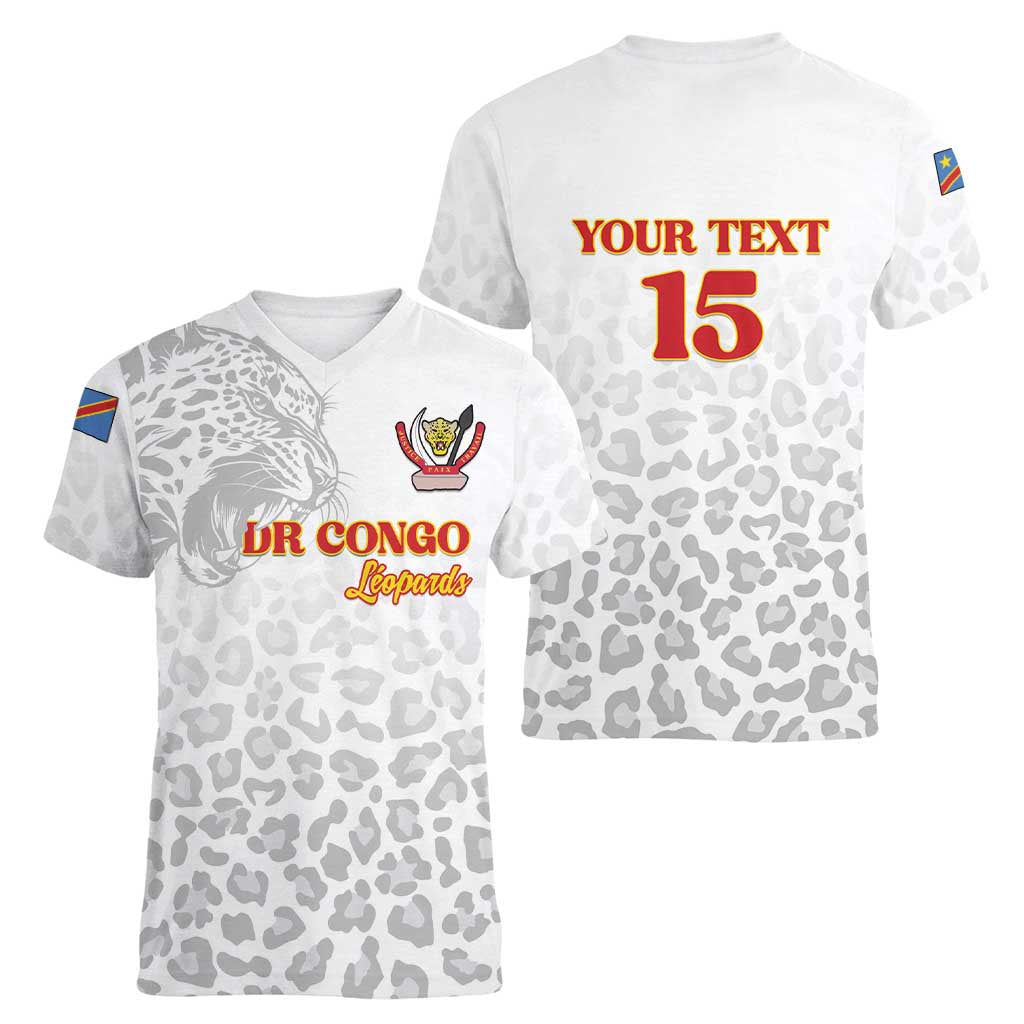 Custom DR Congo Football Women V-Neck T-Shirt Go Champions Leopards - White - Wonder Print Shop
