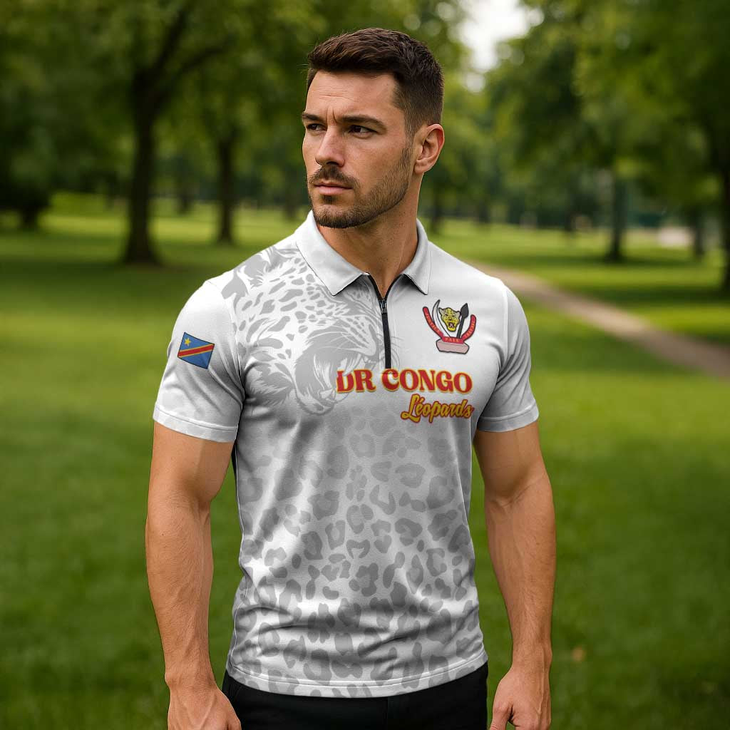 Custom DR Congo Football Zipper Polo Shirt Go Champions Leopards - White - Wonder Print Shop