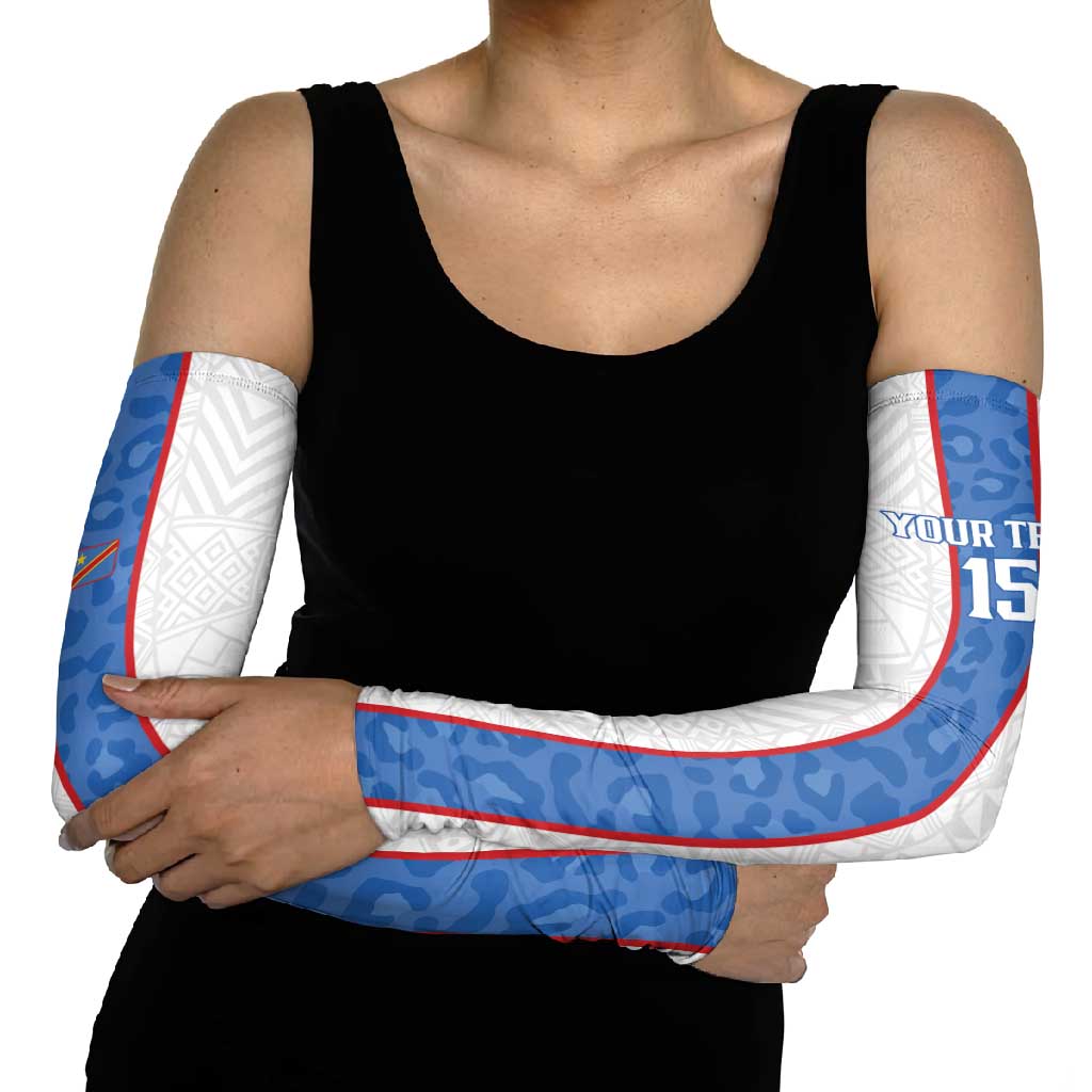 Custom DR Congo Football Arm Sleeves Leopards Mix Kuba Raffia Pattern - Wonder Print Shop