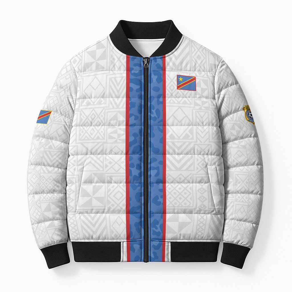 Custom DR Congo Football Bomber Puffer Jacket Leopards Mix Kuba Raffia Pattern - Wonder Print Shop
