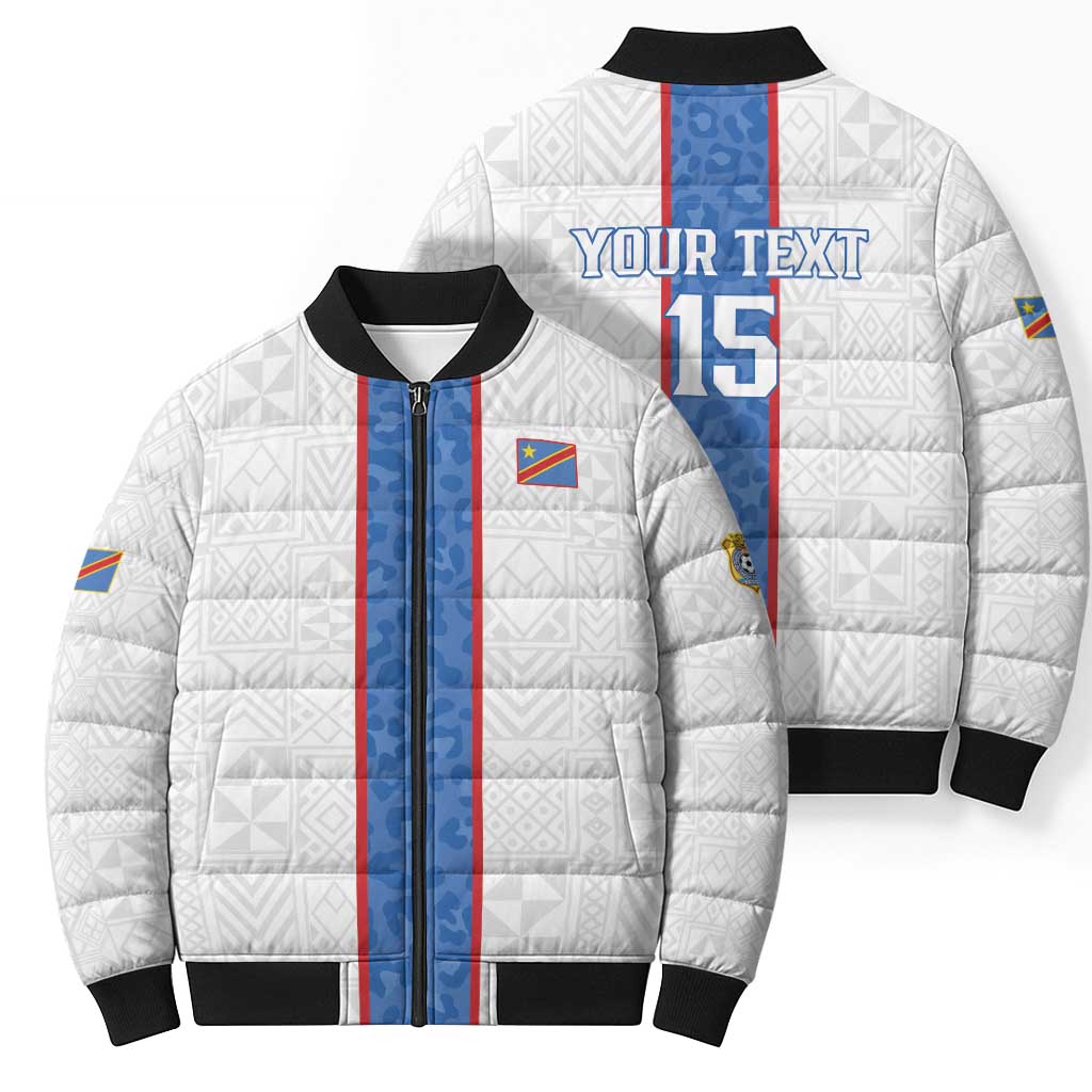 Custom DR Congo Football Bomber Puffer Jacket Leopards Mix Kuba Raffia Pattern - Wonder Print Shop