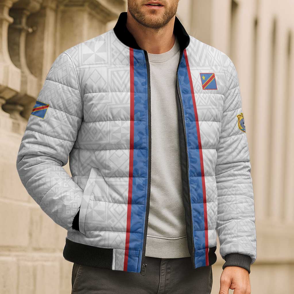 Custom DR Congo Football Bomber Puffer Jacket Leopards Mix Kuba Raffia Pattern - Wonder Print Shop