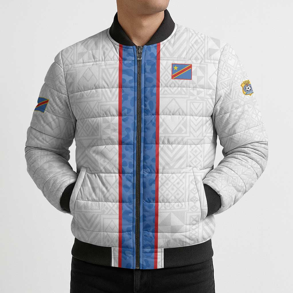 Custom DR Congo Football Bomber Puffer Jacket Leopards Mix Kuba Raffia Pattern - Wonder Print Shop