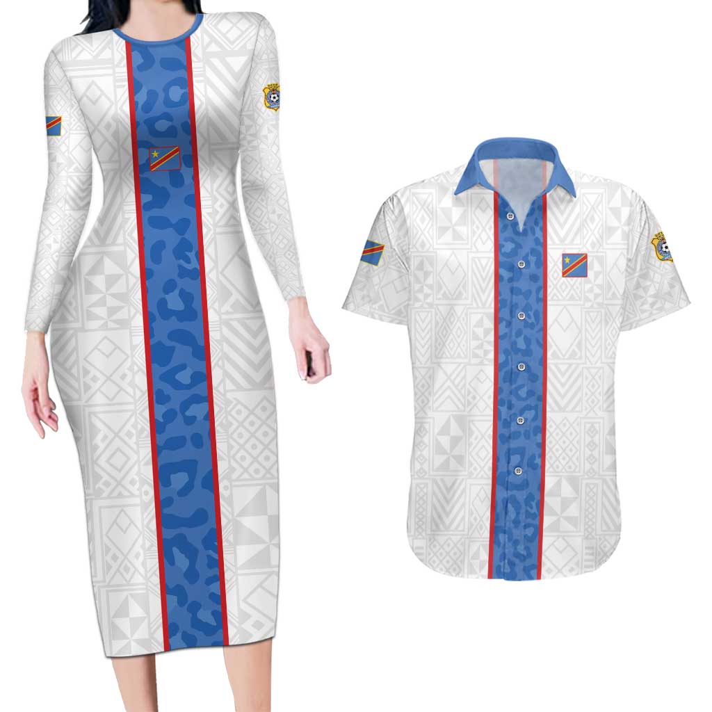 Custom DR Congo Football Couples Matching Long Sleeve Bodycon Dress and Hawaiian Shirt Leopards Mix Kuba Raffia Pattern - Wonder Print Shop