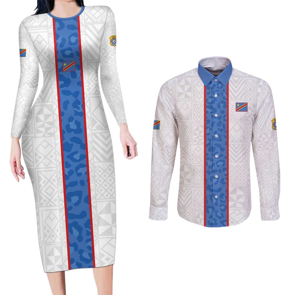 Custom DR Congo Football Couples Matching Long Sleeve Bodycon Dress and Long Sleeve Button Shirt Leopards Mix Kuba Raffia Pattern - Wonder Print Shop