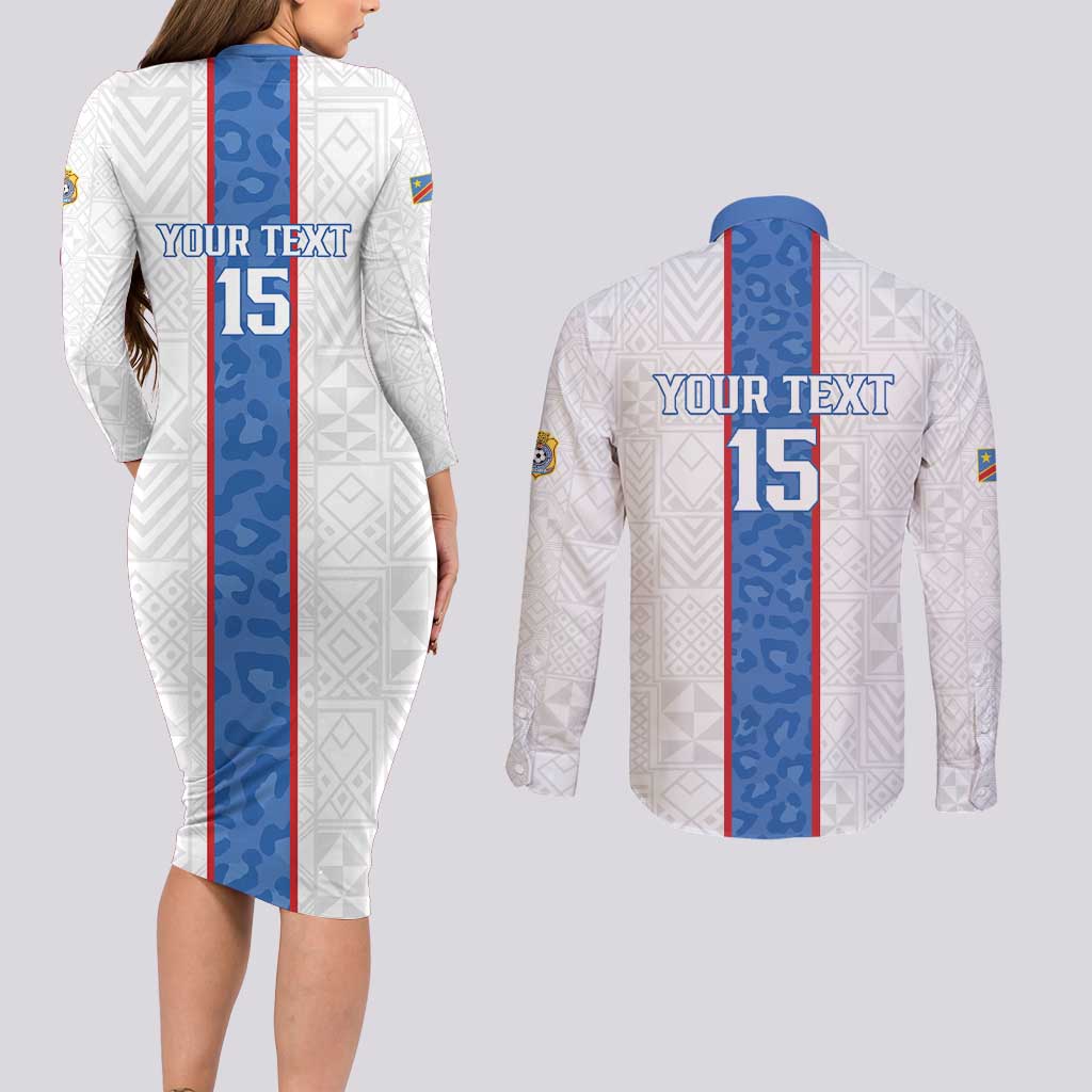 Custom DR Congo Football Couples Matching Long Sleeve Bodycon Dress and Long Sleeve Button Shirt Leopards Mix Kuba Raffia Pattern - Wonder Print Shop