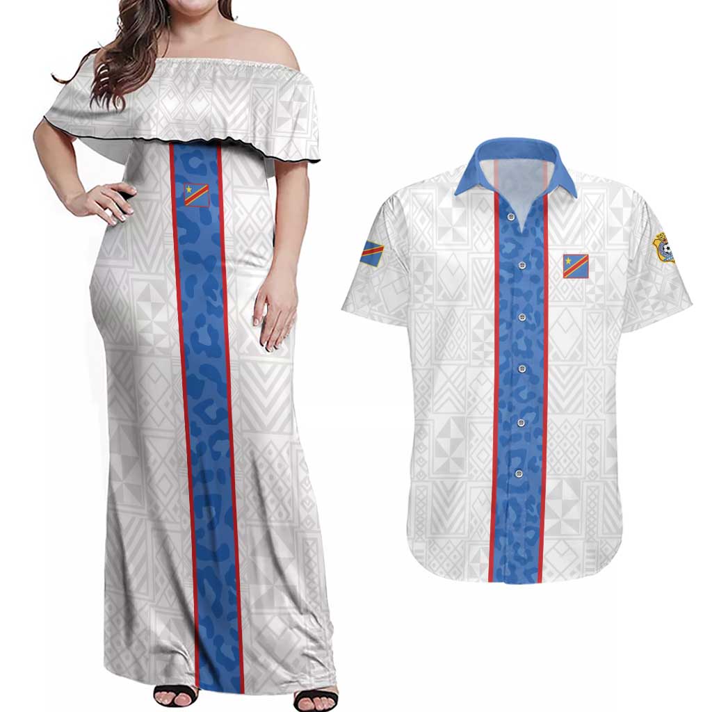 Custom DR Congo Football Couples Matching Off Shoulder Maxi Dress and Hawaiian Shirt Leopards Mix Kuba Raffia Pattern - Wonder Print Shop