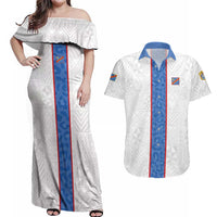 Custom DR Congo Football Couples Matching Off Shoulder Maxi Dress and Hawaiian Shirt Leopards Mix Kuba Raffia Pattern - Wonder Print Shop