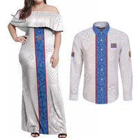 Custom DR Congo Football Couples Matching Off Shoulder Maxi Dress and Long Sleeve Button Shirt Leopards Mix Kuba Raffia Pattern - Wonder Print Shop