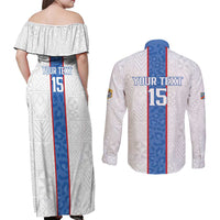 Custom DR Congo Football Couples Matching Off Shoulder Maxi Dress and Long Sleeve Button Shirt Leopards Mix Kuba Raffia Pattern - Wonder Print Shop
