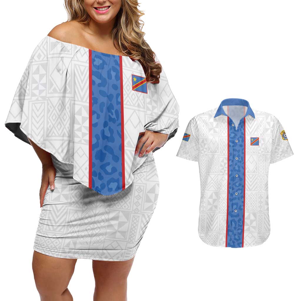 Custom DR Congo Football Couples Matching Off Shoulder Short Dress and Hawaiian Shirt Leopards Mix Kuba Raffia Pattern - Wonder Print Shop