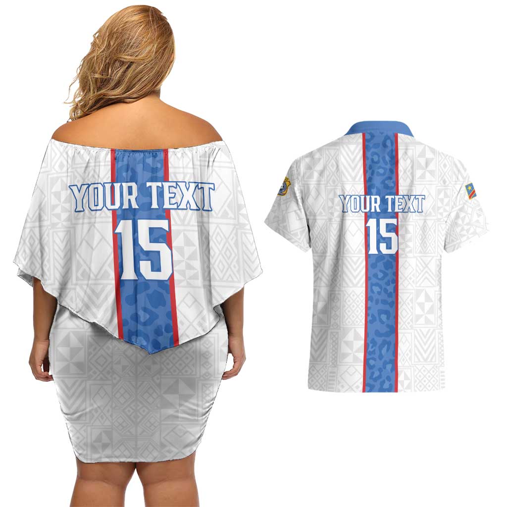 Custom DR Congo Football Couples Matching Off Shoulder Short Dress and Hawaiian Shirt Leopards Mix Kuba Raffia Pattern - Wonder Print Shop