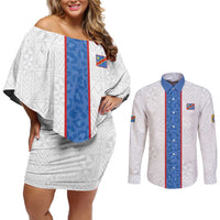 Custom DR Congo Football Couples Matching Off Shoulder Short Dress and Long Sleeve Button Shirt Leopards Mix Kuba Raffia Pattern - Wonder Print Shop