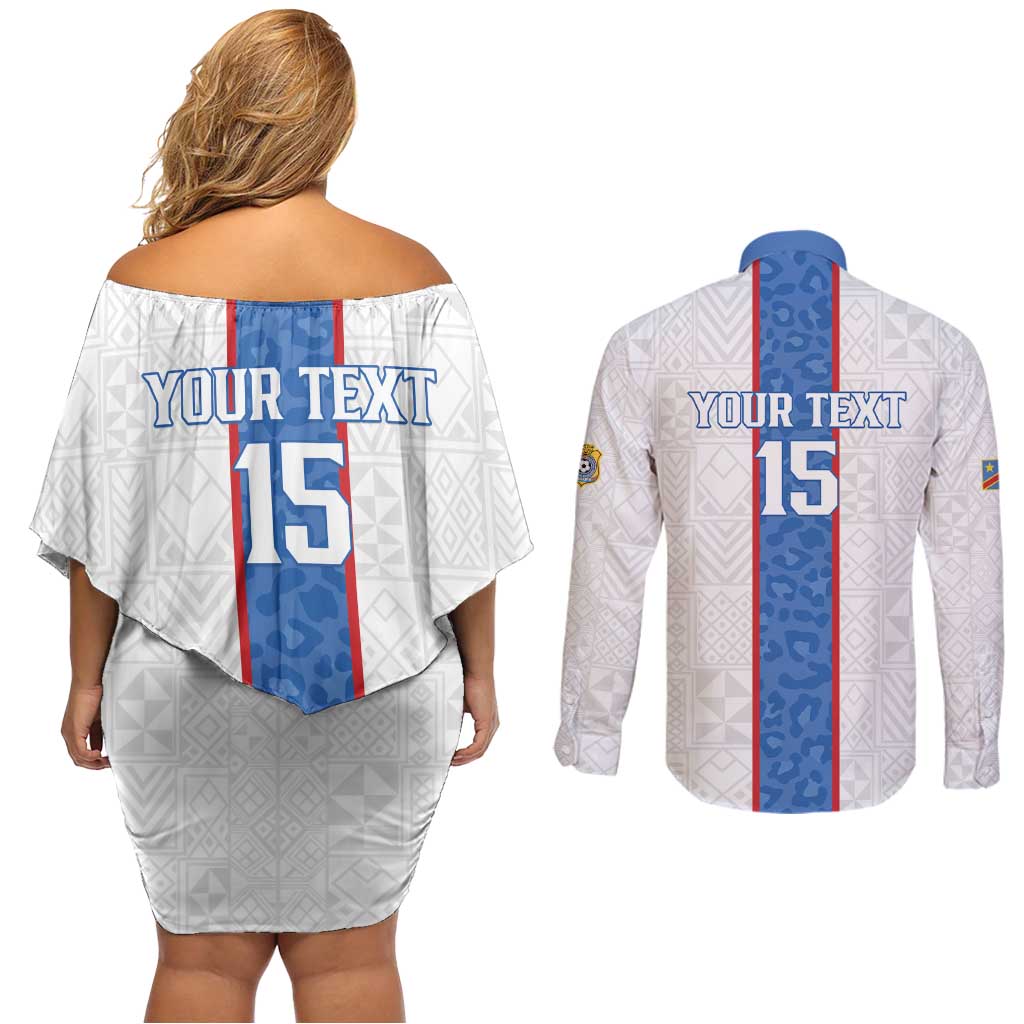 Custom DR Congo Football Couples Matching Off Shoulder Short Dress and Long Sleeve Button Shirt Leopards Mix Kuba Raffia Pattern - Wonder Print Shop