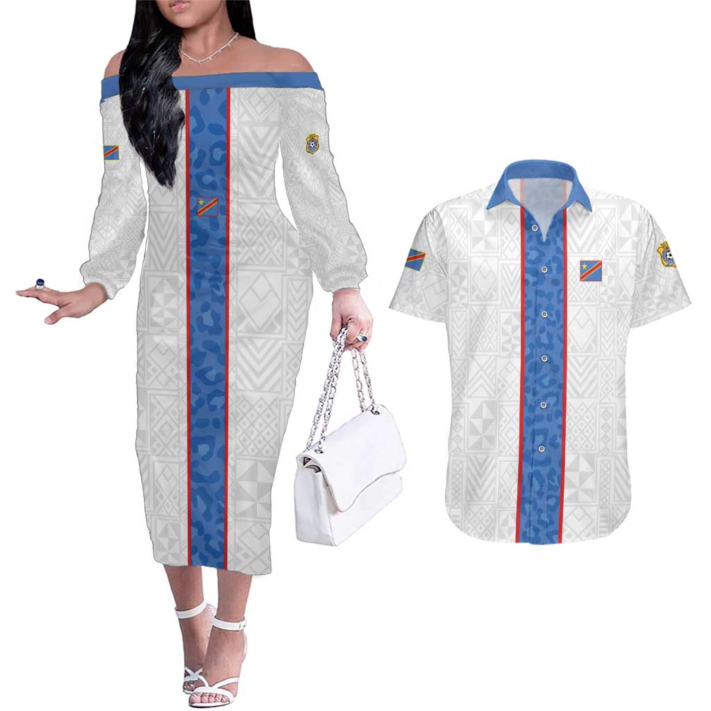 Custom DR Congo Football Couples Matching Off The Shoulder Long Sleeve Dress and Hawaiian Shirt Leopards Mix Kuba Raffia Pattern - Wonder Print Shop