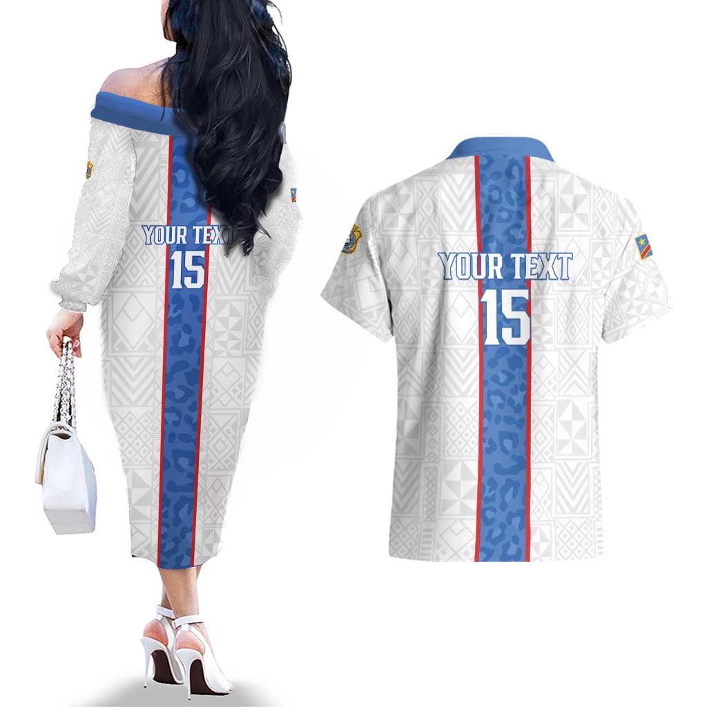 Custom DR Congo Football Couples Matching Off The Shoulder Long Sleeve Dress and Hawaiian Shirt Leopards Mix Kuba Raffia Pattern - Wonder Print Shop