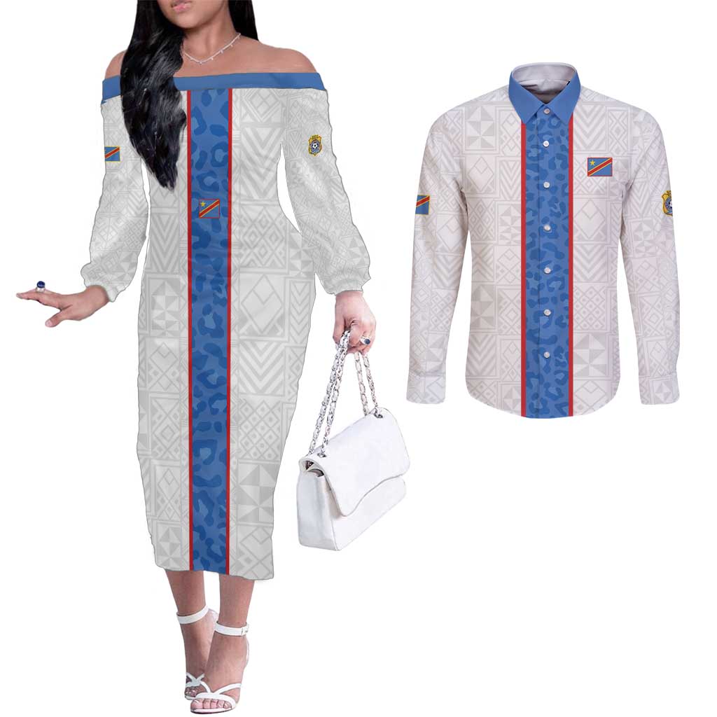 Custom DR Congo Football Couples Matching Off The Shoulder Long Sleeve Dress and Long Sleeve Button Shirt Leopards Mix Kuba Raffia Pattern - Wonder Print Shop