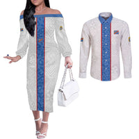 Custom DR Congo Football Couples Matching Off The Shoulder Long Sleeve Dress and Long Sleeve Button Shirt Leopards Mix Kuba Raffia Pattern - Wonder Print Shop