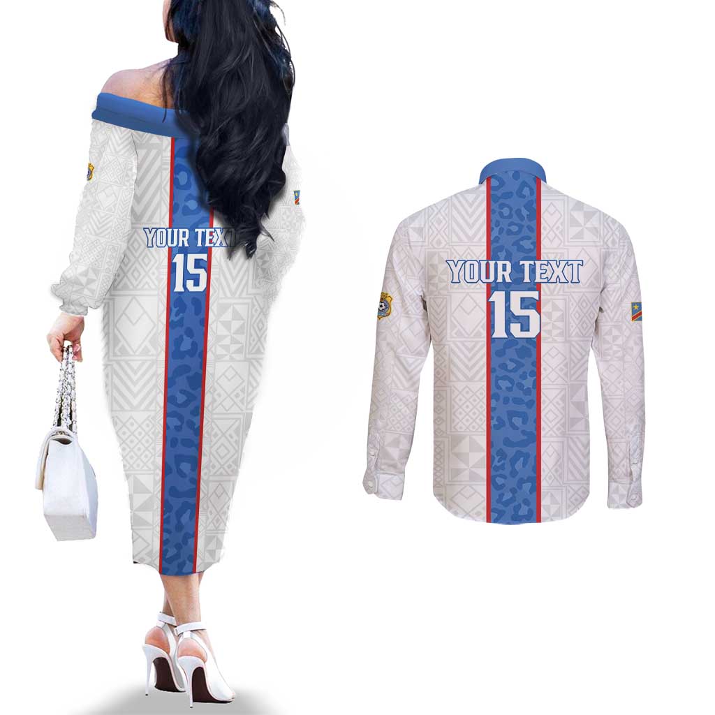 Custom DR Congo Football Couples Matching Off The Shoulder Long Sleeve Dress and Long Sleeve Button Shirt Leopards Mix Kuba Raffia Pattern - Wonder Print Shop