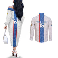 Custom DR Congo Football Couples Matching Off The Shoulder Long Sleeve Dress and Long Sleeve Button Shirt Leopards Mix Kuba Raffia Pattern - Wonder Print Shop
