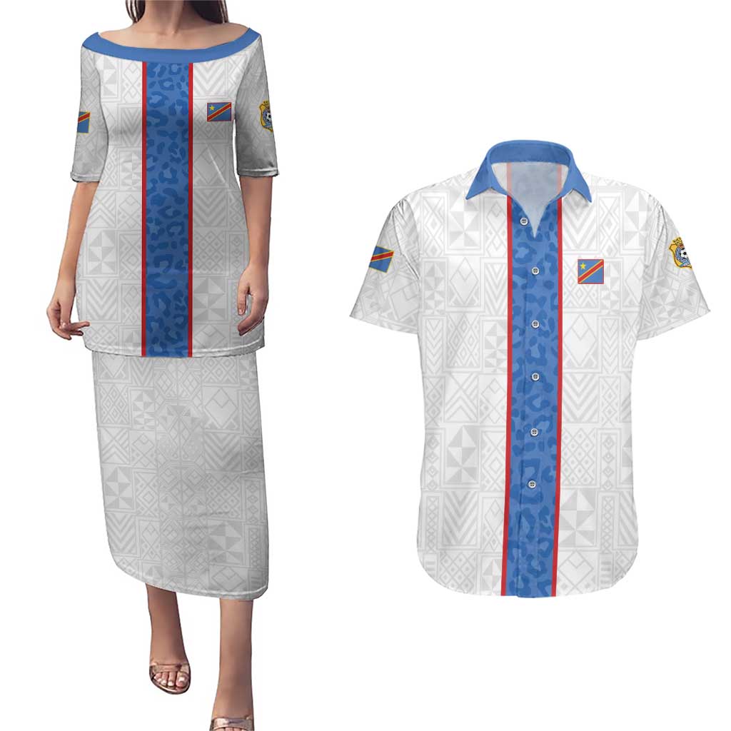 Custom DR Congo Football Couples Matching Puletasi and Hawaiian Shirt Leopards Mix Kuba Raffia Pattern - Wonder Print Shop