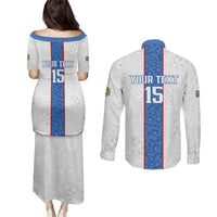 Custom DR Congo Football Couples Matching Puletasi and Long Sleeve Button Shirt Leopards Mix Kuba Raffia Pattern - Wonder Print Shop