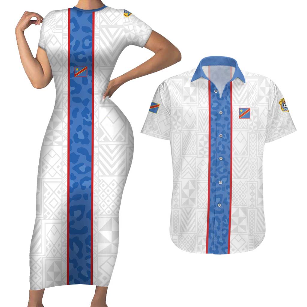 Custom DR Congo Football Couples Matching Short Sleeve Bodycon Dress and Hawaiian Shirt Leopards Mix Kuba Raffia Pattern - Wonder Print Shop