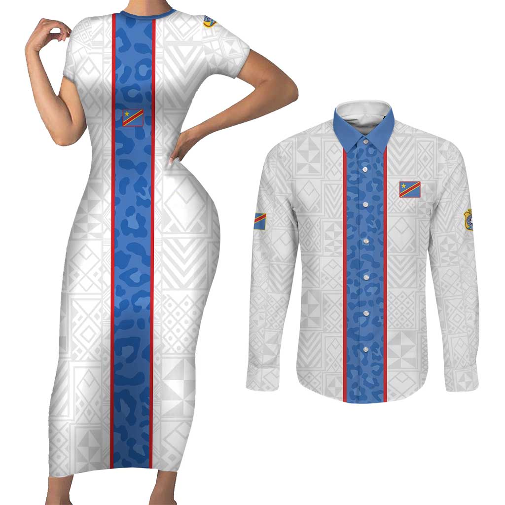 Custom DR Congo Football Couples Matching Short Sleeve Bodycon Dress and Long Sleeve Button Shirt Leopards Mix Kuba Raffia Pattern - Wonder Print Shop