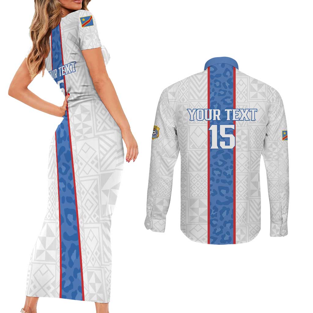 Custom DR Congo Football Couples Matching Short Sleeve Bodycon Dress and Long Sleeve Button Shirt Leopards Mix Kuba Raffia Pattern - Wonder Print Shop