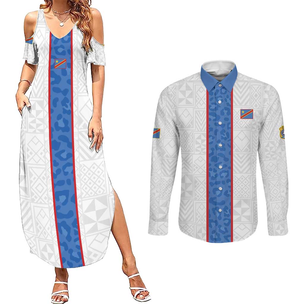 Custom DR Congo Football Couples Matching Summer Maxi Dress and Long Sleeve Button Shirt Leopards Mix Kuba Raffia Pattern - Wonder Print Shop