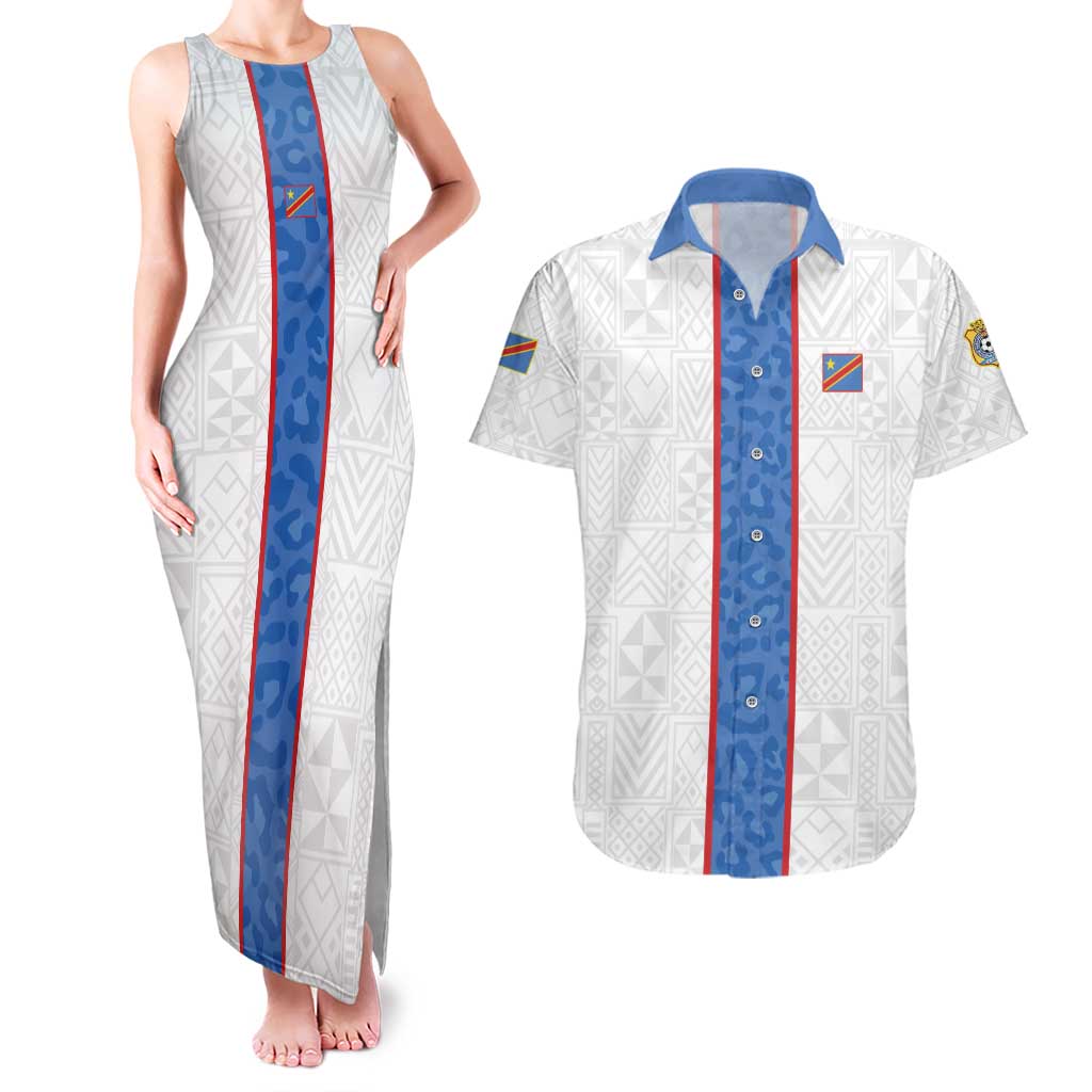 Custom DR Congo Football Couples Matching Tank Maxi Dress and Hawaiian Shirt Leopards Mix Kuba Raffia Pattern - Wonder Print Shop