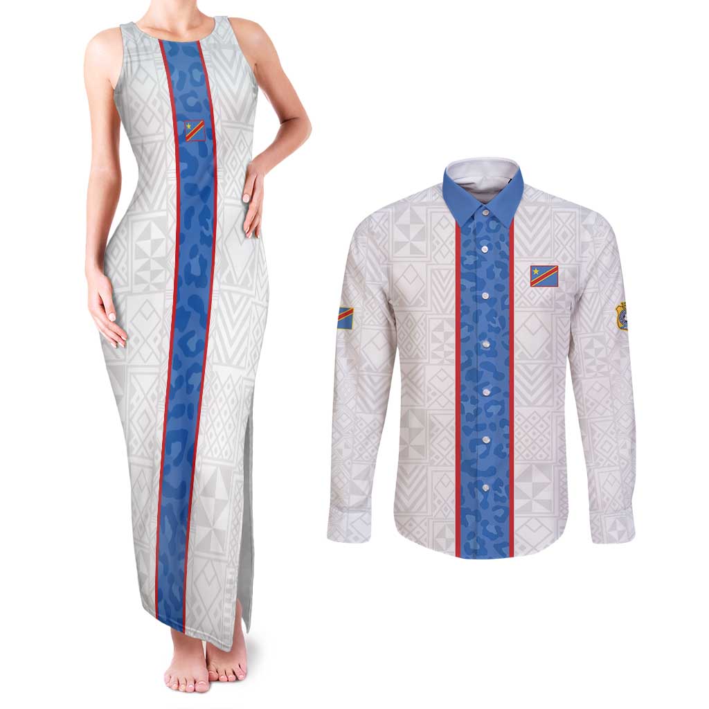 Custom DR Congo Football Couples Matching Tank Maxi Dress and Long Sleeve Button Shirt Leopards Mix Kuba Raffia Pattern - Wonder Print Shop