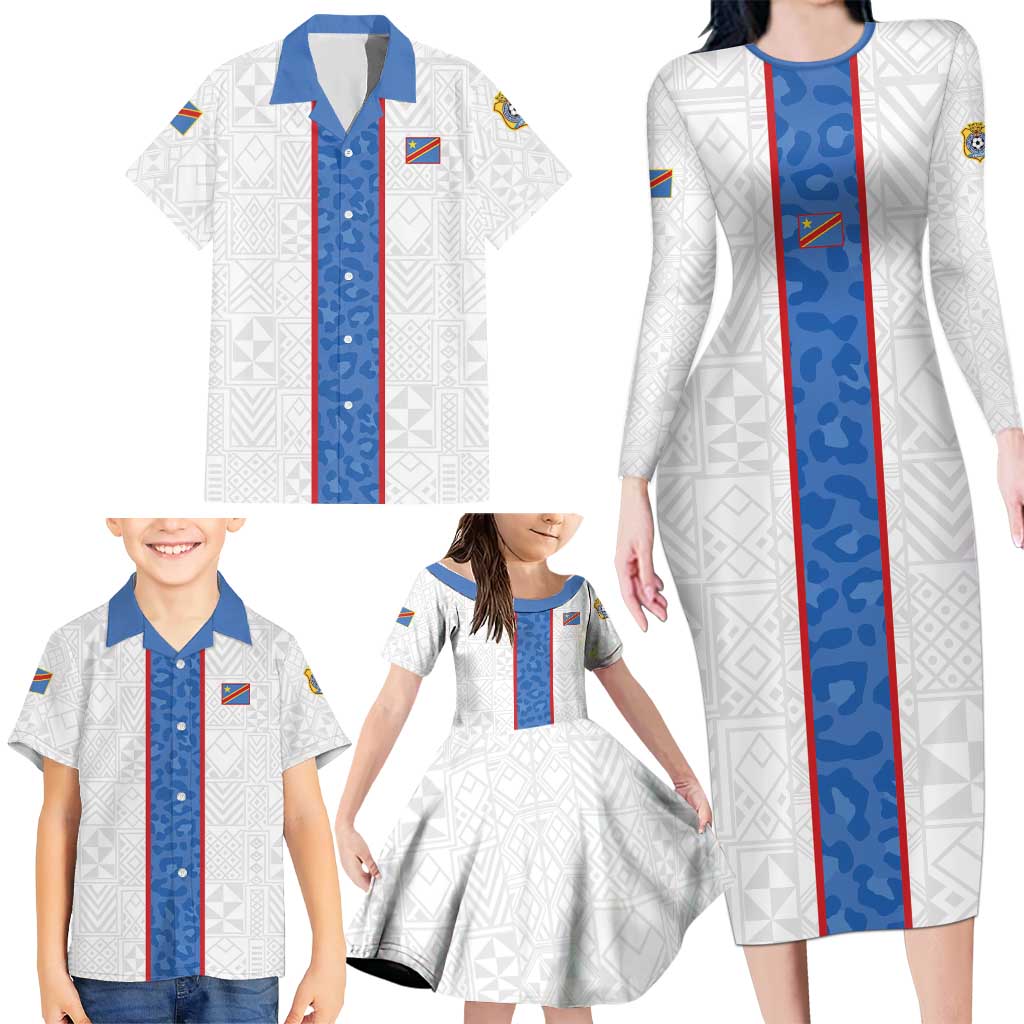Custom DR Congo Football Family Matching Long Sleeve Bodycon Dress and Hawaiian Shirt Leopards Mix Kuba Raffia Pattern - Wonder Print Shop