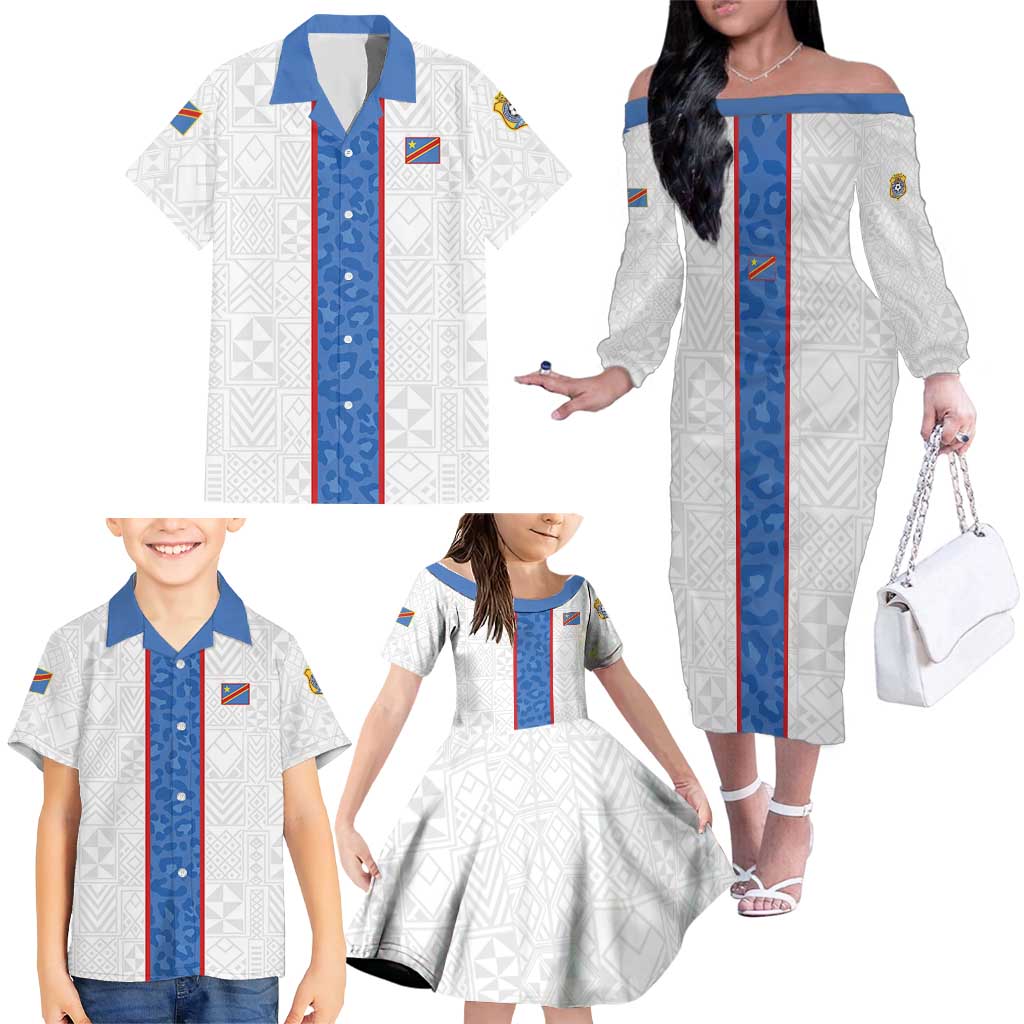 Custom DR Congo Football Family Matching Off The Shoulder Long Sleeve Dress and Hawaiian Shirt Leopards Mix Kuba Raffia Pattern - Wonder Print Shop