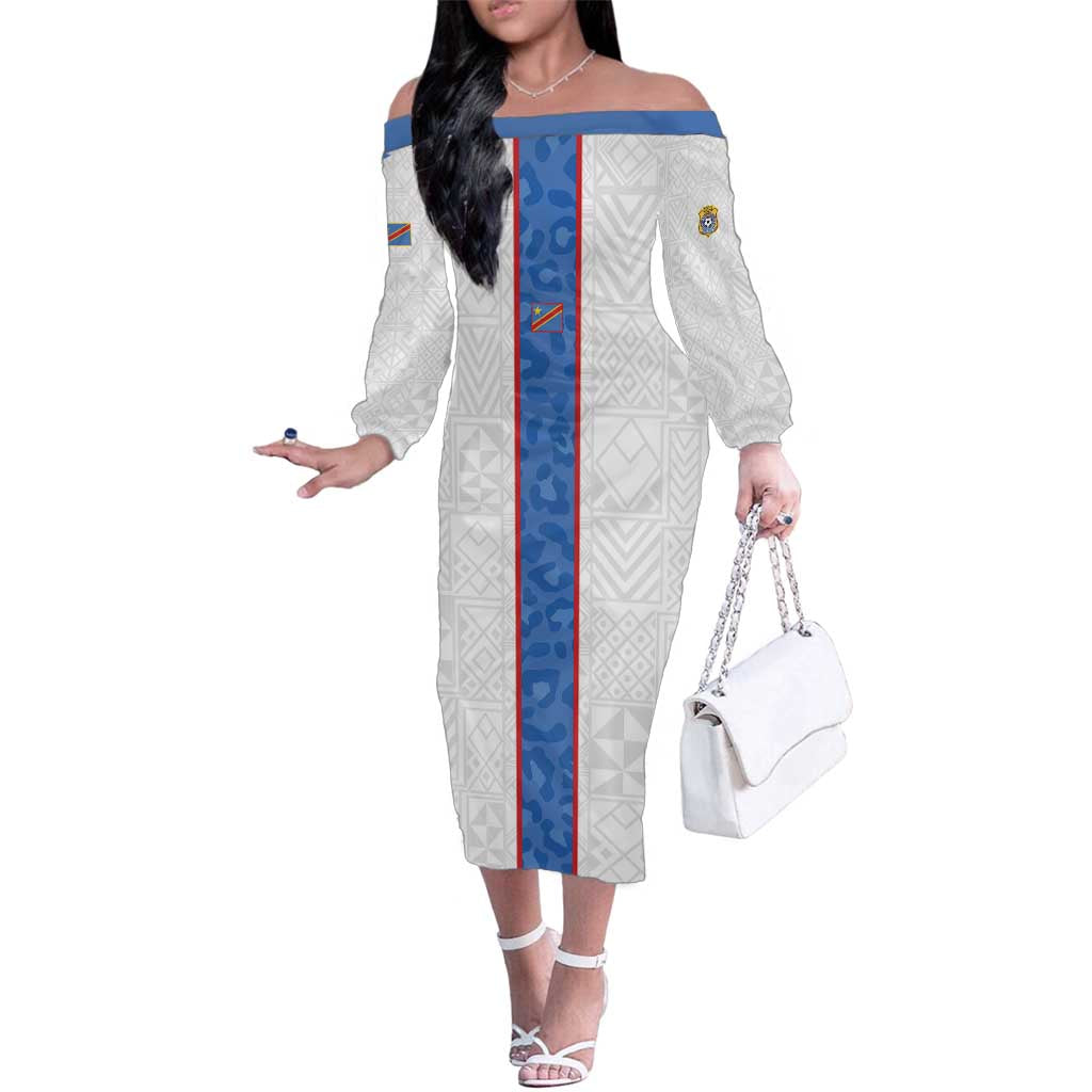 Custom DR Congo Football Family Matching Off The Shoulder Long Sleeve Dress and Hawaiian Shirt Leopards Mix Kuba Raffia Pattern - Wonder Print Shop