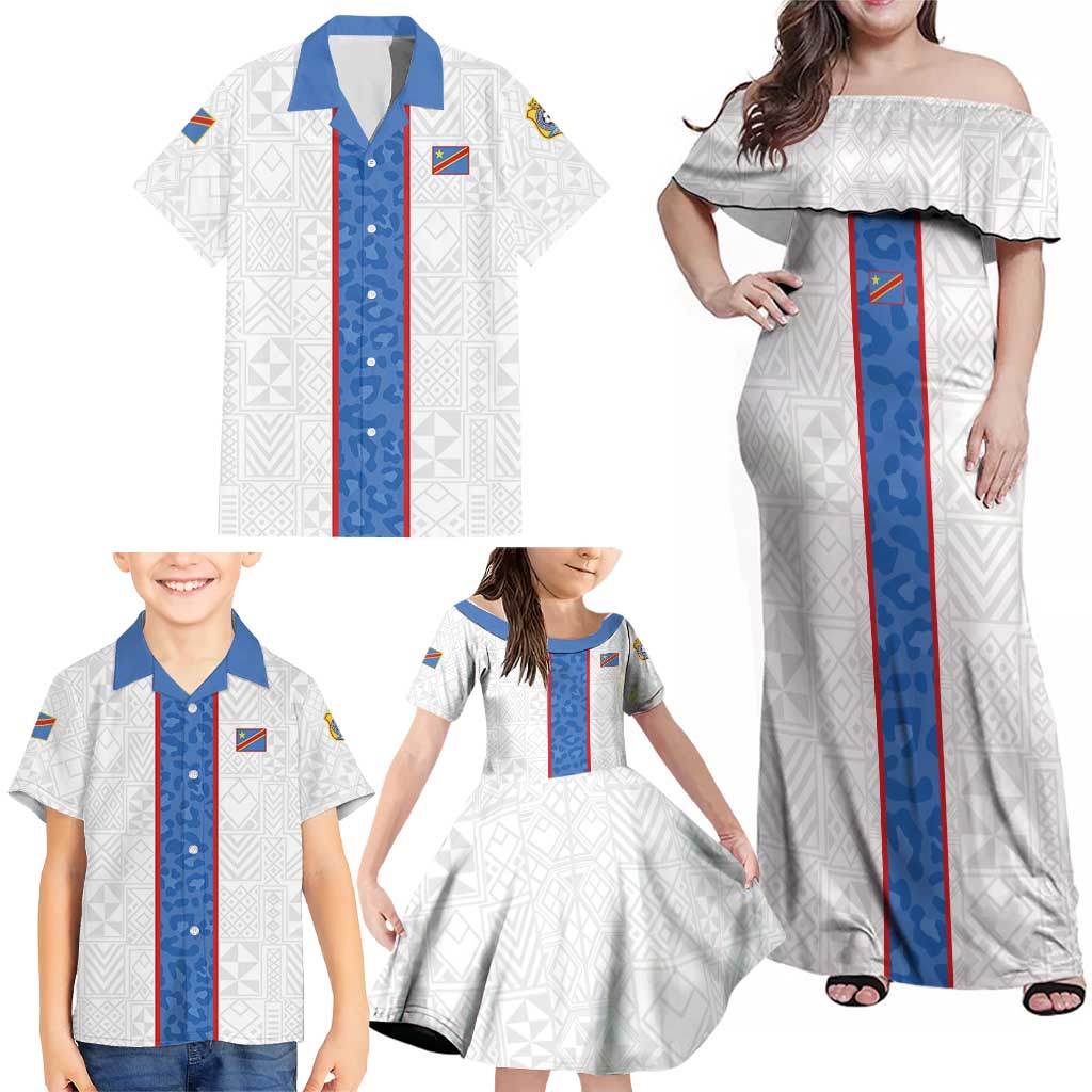 Custom DR Congo Football Family Matching Off Shoulder Maxi Dress and Hawaiian Shirt Leopards Mix Kuba Raffia Pattern - Wonder Print Shop