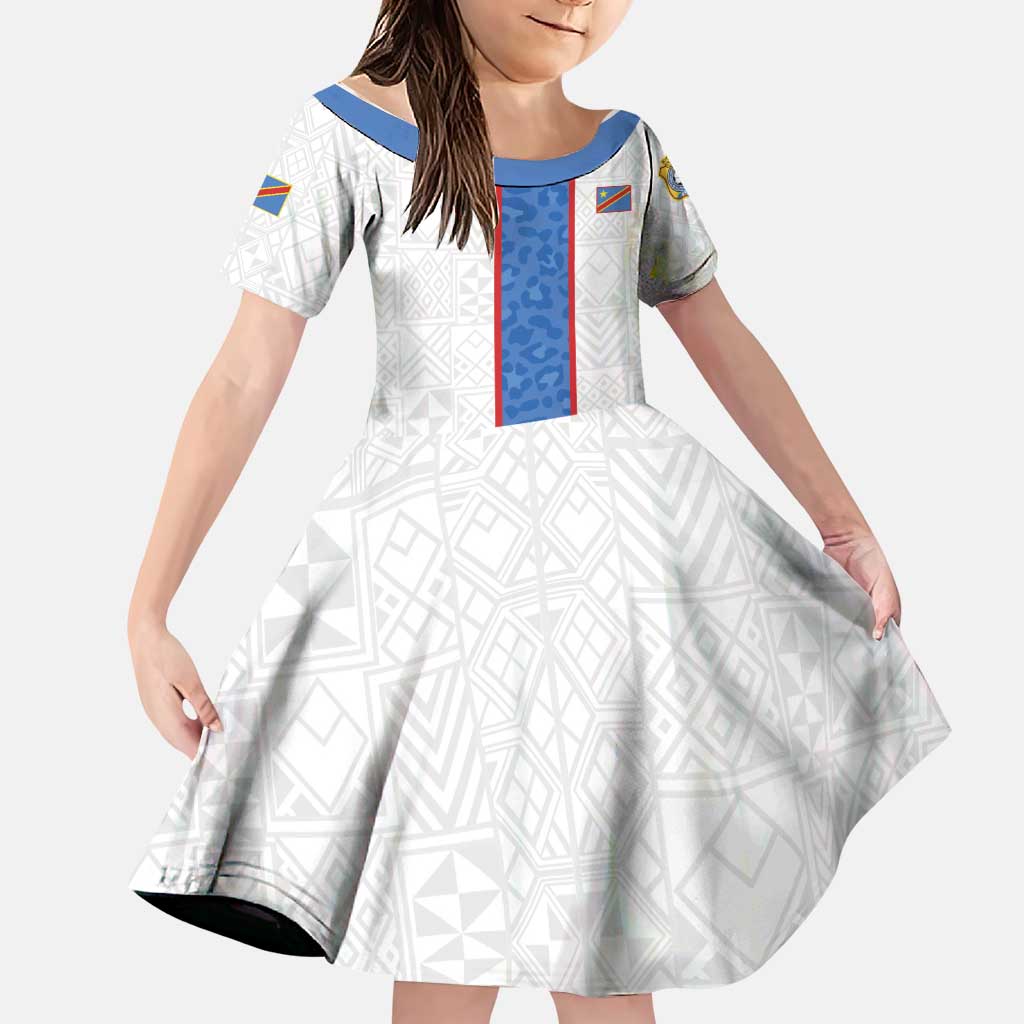 Custom DR Congo Football Family Matching Off Shoulder Short Dress and Hawaiian Shirt Leopards Mix Kuba Raffia Pattern - Wonder Print Shop