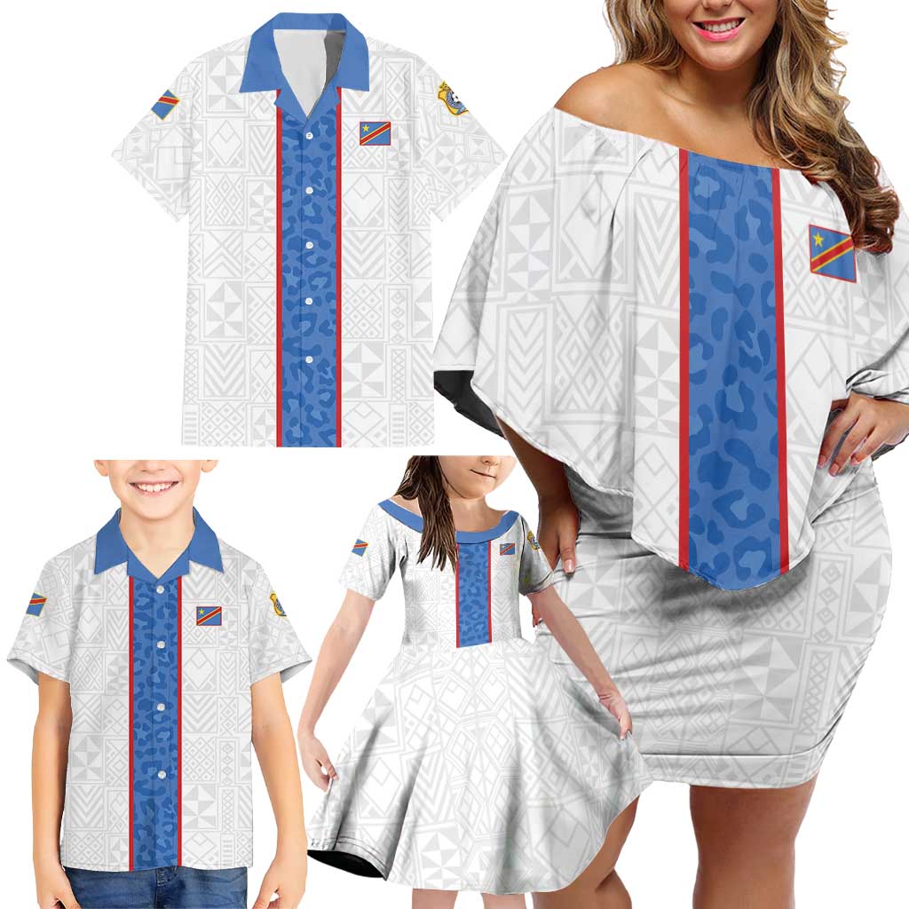 Custom DR Congo Football Family Matching Off Shoulder Short Dress and Hawaiian Shirt Leopards Mix Kuba Raffia Pattern - Wonder Print Shop