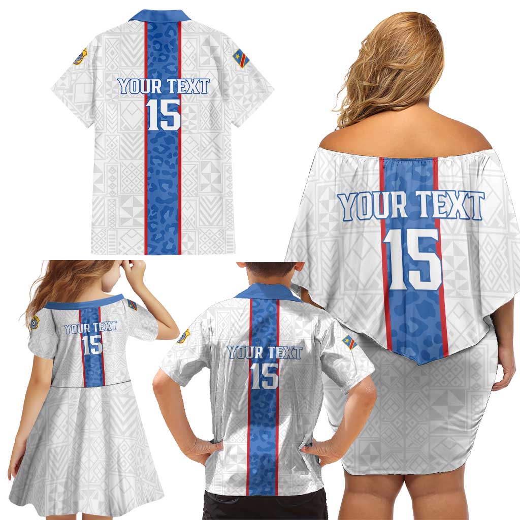 Custom DR Congo Football Family Matching Off Shoulder Short Dress and Hawaiian Shirt Leopards Mix Kuba Raffia Pattern - Wonder Print Shop