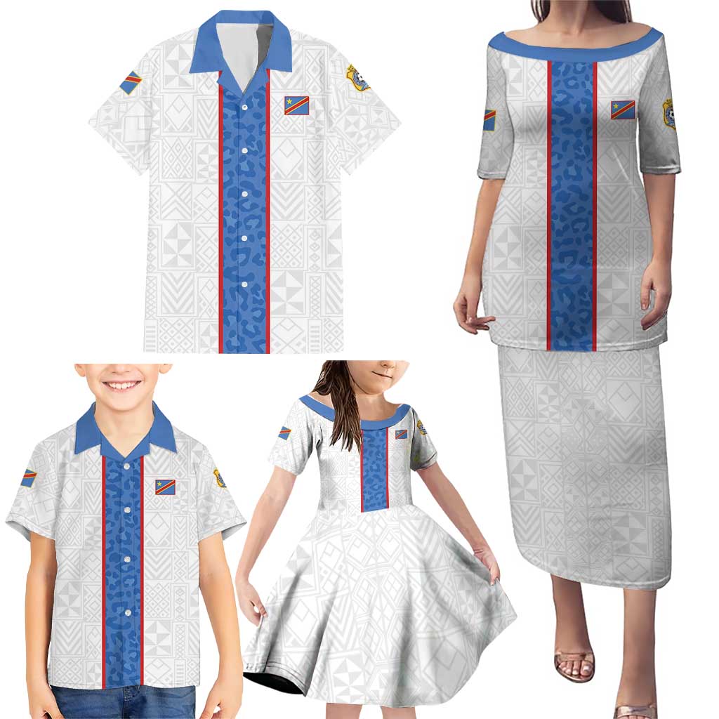 Custom DR Congo Football Family Matching Puletasi and Hawaiian Shirt Leopards Mix Kuba Raffia Pattern - Wonder Print Shop