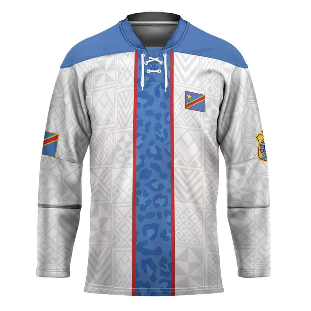 Custom DR Congo Football Hockey Jersey Leopards Mix Kuba Raffia Pattern - Wonder Print Shop