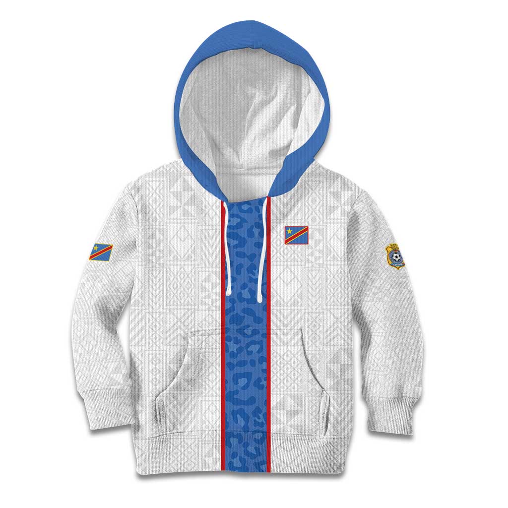 Custom DR Congo Football Kid Hoodie Leopards Mix Kuba Raffia Pattern - Wonder Print Shop