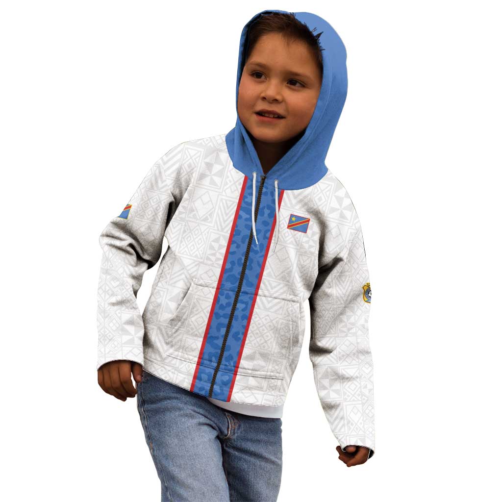 Custom DR Congo Football Kid Hoodie Leopards Mix Kuba Raffia Pattern - Wonder Print Shop