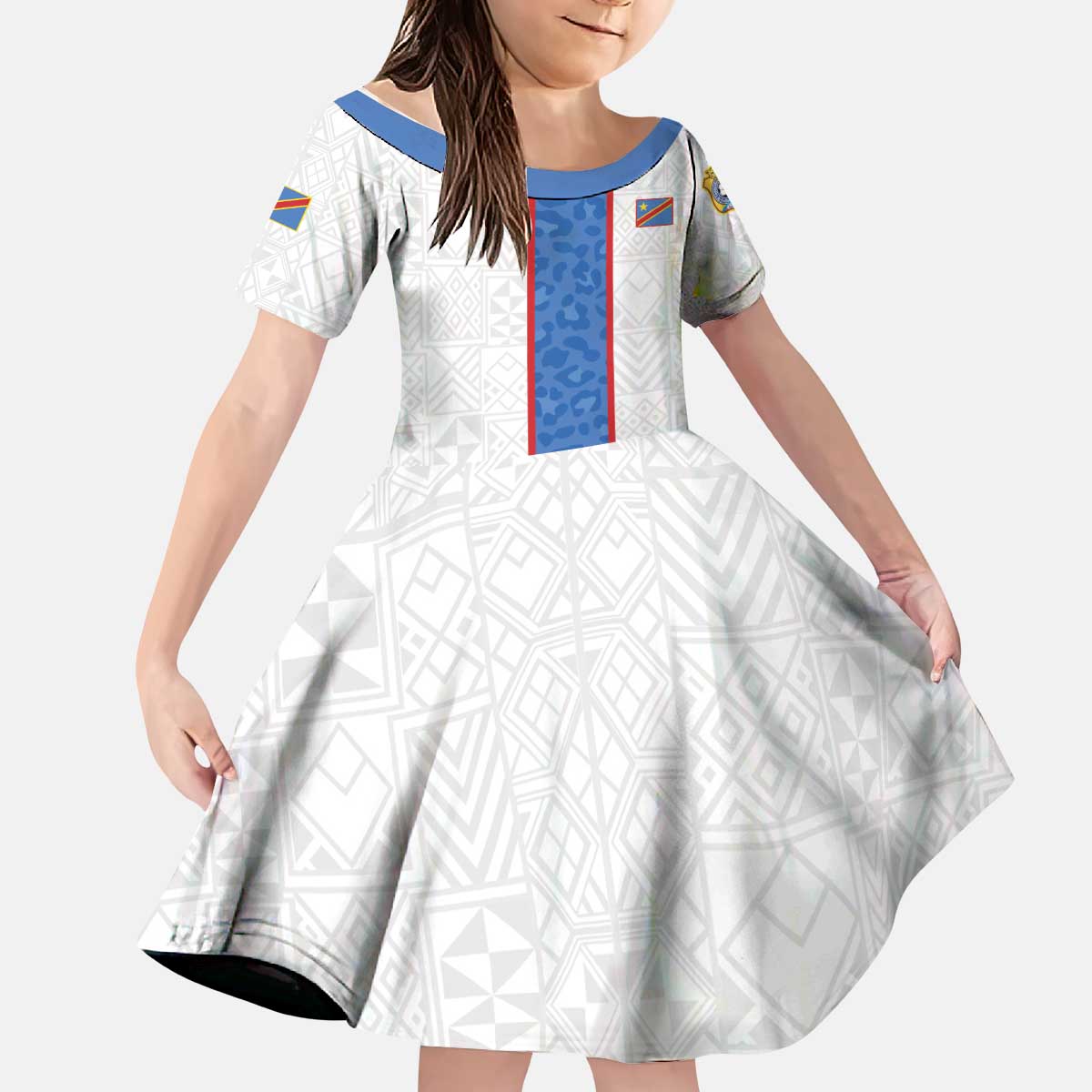 Custom DR Congo Football Kid Short Sleeve Dress Leopards Mix Kuba Raffia Pattern - Wonder Print Shop